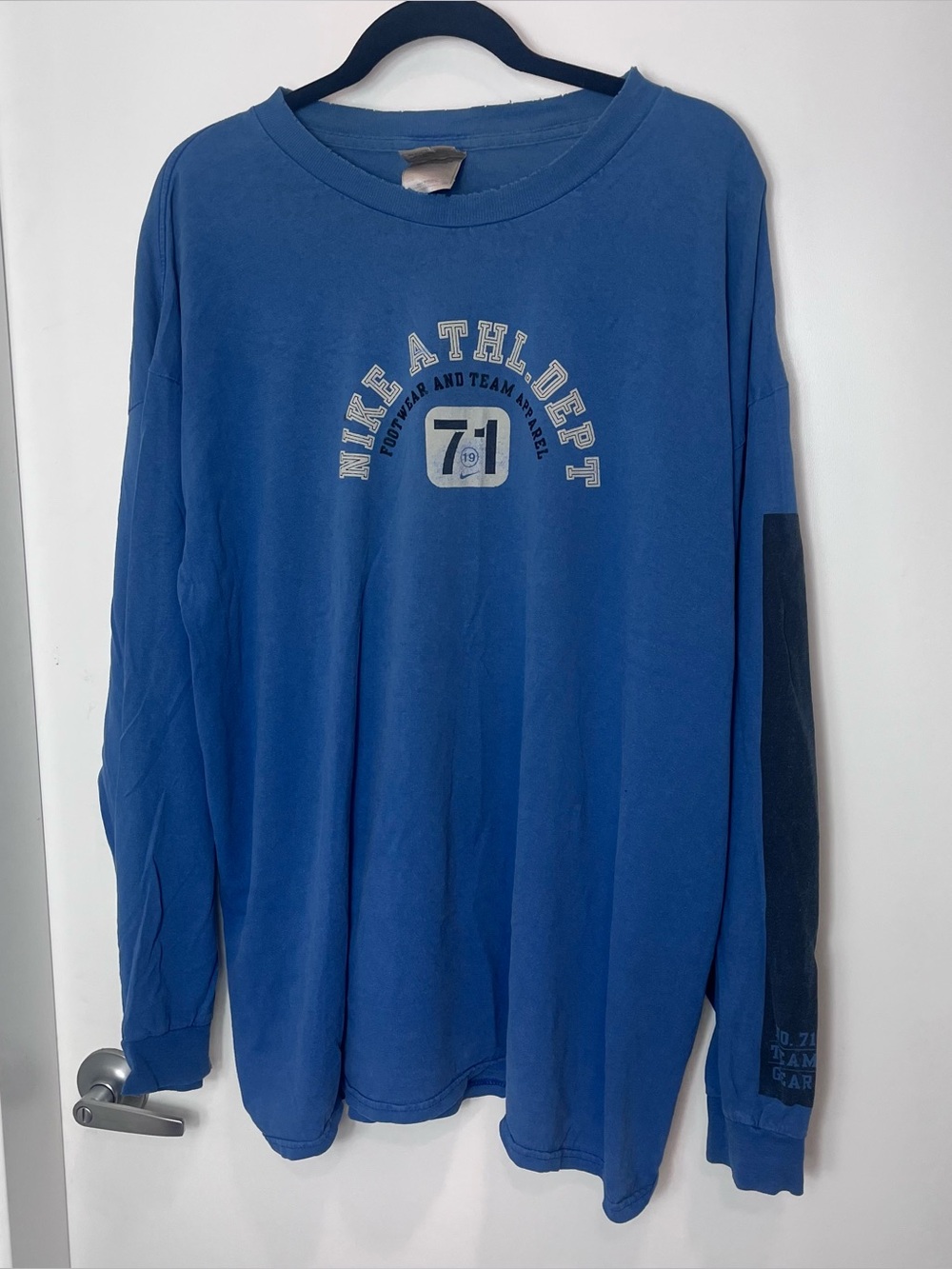 Vintage Nike Men's Long Sleeve Blue Athletic Department Crew Neck Tee Shirt 1971